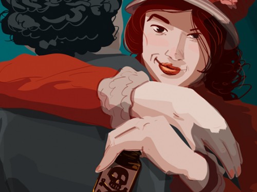 Illustration of a woman hugging a man while smirking and holding a bottle of poison.