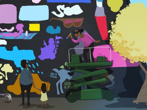 Illustration of a woman drawing scenes on a wall.