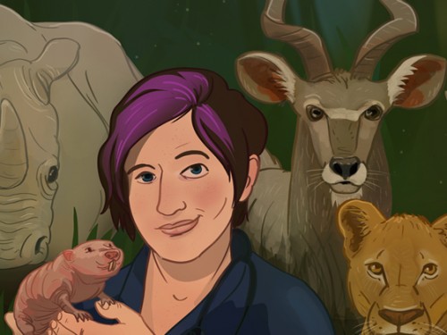 Illustration of Kali Holder with purple hair surrounded by profiles of animals.