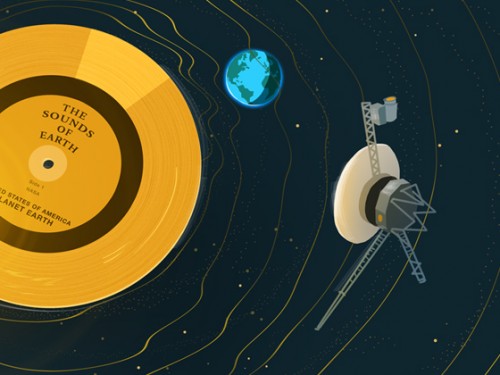 Illustration of a golden record that with orbiting satellites and Earth.