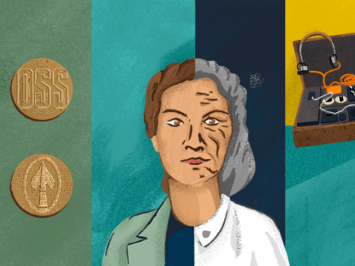 Colorful background with illustration of a woman front and center.