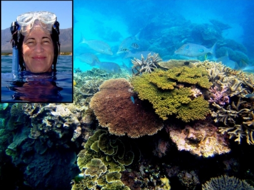Closeup of Mary Hagedorn in scuba gear superimposed on photo of coral reef