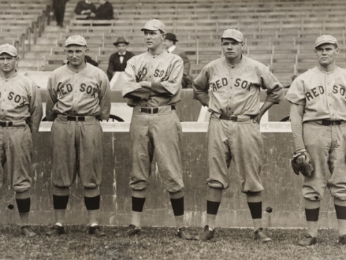 Babe Ruth in Red Sox uniform with other players