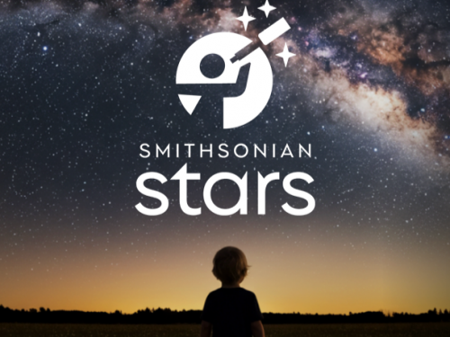 Photograph of a young child looking at a starry night. Text: "Smithsonian Stars"