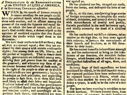 facsimile of the first English printing of the Declaration of Independence