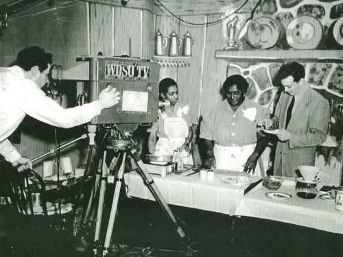Chef Lena Richard and others filming a television segment Richard on set at WDSU-TV studios in New Orleans, around 1949
