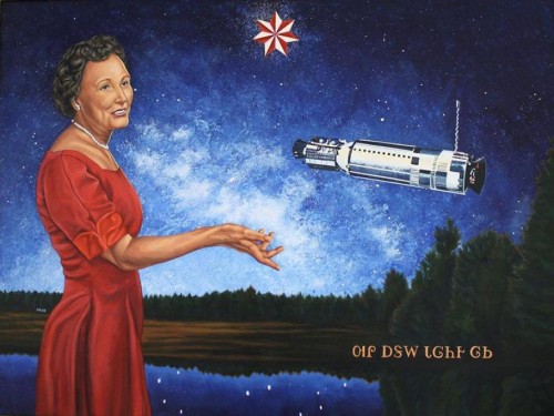 Painting of Mary Golda Ross wearing a red dress and pearls against a night sky background with a 7-point star a missile