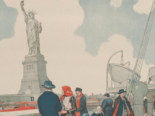 detail of a poster with the Statue of Liberty and immigrants