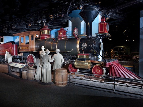 Jupiter steam locomotive and models of people in 1870s dress