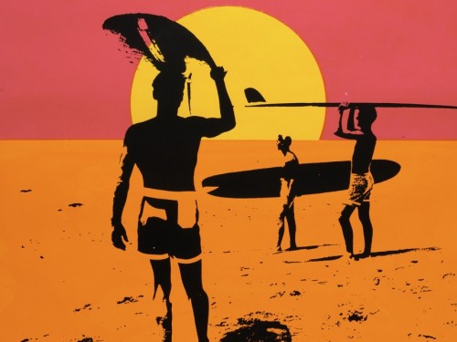 Endless Summer Poster with neon pink and orange graphic of surfer facing a setting sun.