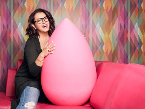 Rea Ann Silva with an oversized version of the Beautyblender sponge.