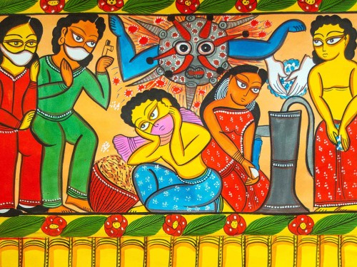 A patachitra scroll scene depicts the coronavirus and precautions taken by people to avoid it. Art by Swarna Chitrakar