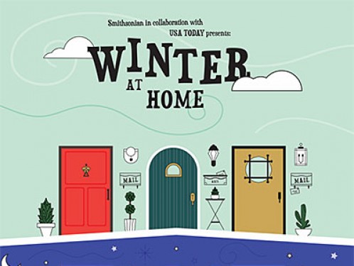 Illustration of three doors on a winter day. 