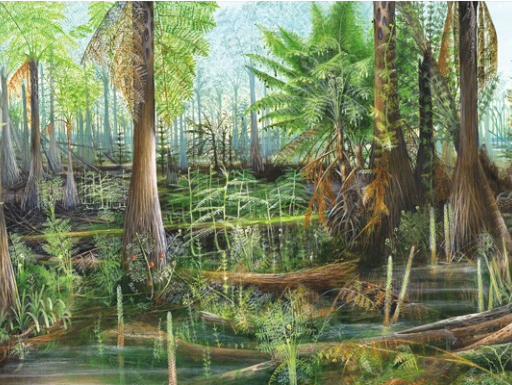 Painting of a swamp that has green colored ferns and plants. Foreground tree barks are brown, those in the distance are bare.