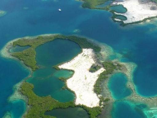 Overhead image of a small sandy island surrounded by green and blue ocean.