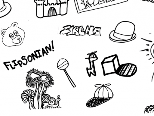 black ink cartoon doodles on white background with "Flipsonian" text in the middle left