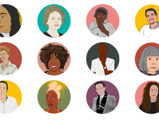 A group of artist portraits, illustrated simply.