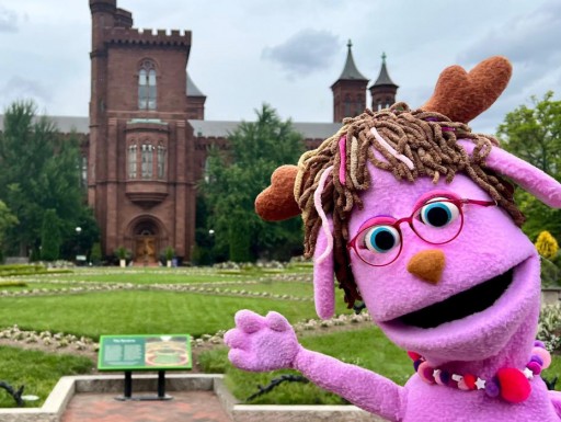 A pink puppet waves in front of the Smithsonian Castle.