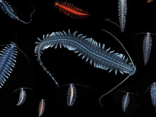 Microscopic view of a gossamer worm; its blue with many legs and a long tail.