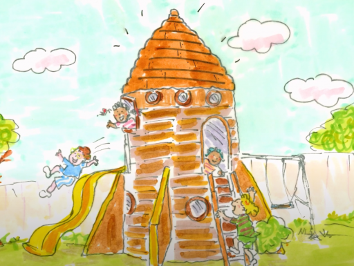 A children's book illustration of a treehouse in the shape of a rocket.