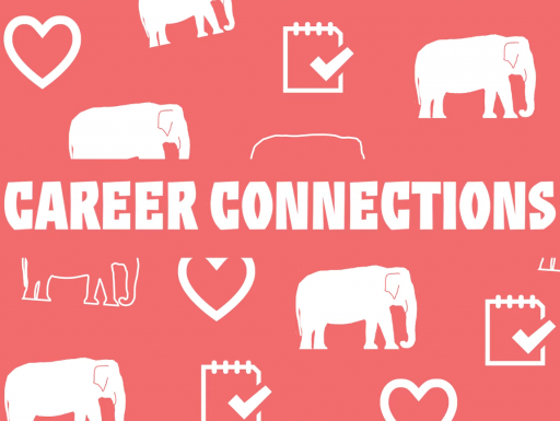 A graphic with the text "Career Connections" and graphical elephants, hearts, and checklists.