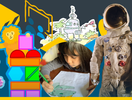 A photo collage of STEAM-related resources: a pink jackalope puppet, a cartoon golden tamarin.