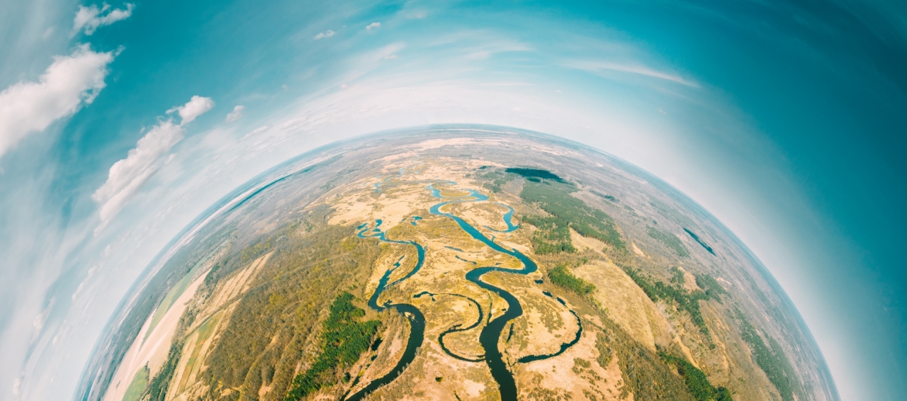 Aerial View Green Forest Woods And River Landscape