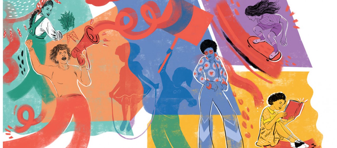 Brightly colored graphic drawing of 5 main girls posing, reading a book, skateboarding, harvesting carrots, and protesting
