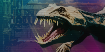 dinosaur head illustrated with sharp teeth.