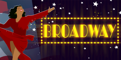 woman in red dress in front of a Broadway sign