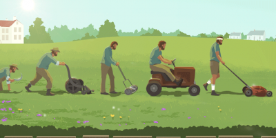 Illustration of a man caring for a green lawn in a variety of ways.
