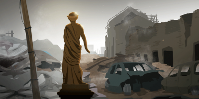 illustration depicting statue in ruins from war on Ukraine