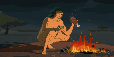 early human cooking meat by a fire