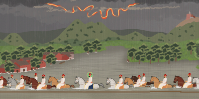 Illustration of men riding horses in the water in a monsoon.