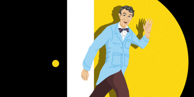 Illustration of Bill Nye waving in a blue lab coat as he enters through a side door. 