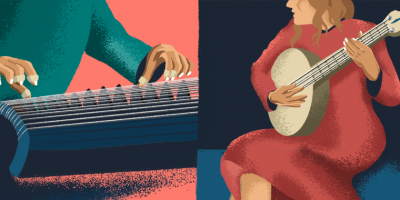 illustration of guzheng and banjo playing.
