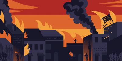 illustration of burning Greenwood buildings