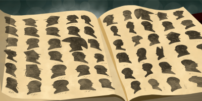 Illustration of an open book with a variety of black silhouettes. 