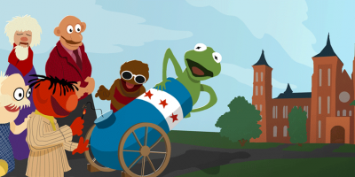 An illustration of a group of muppets next to the Smithsonian castle.
