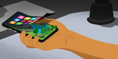 Illustration of an arm held out holding a cellphone that is merged with a forest under the screen.