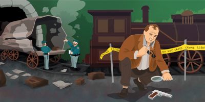 Illustration of a white man squatting and using a magnifying glass to look at a gun with a train in the background. 