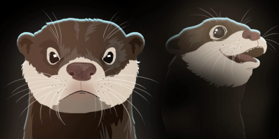 Illustrations of two heads of brown and white river otters. 