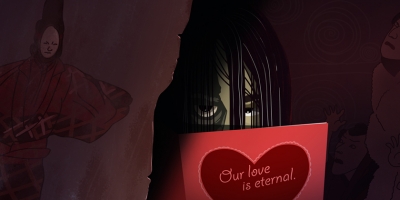 Spooky ilustration of a long-haired, dark figure behind a valentine.