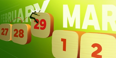 Illustration showing numbers of months and a man leaping onto the number 29.