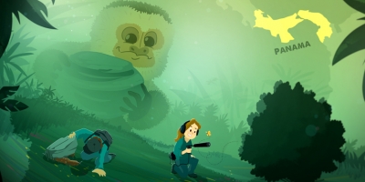 Illustration featuring a monkey face looking over trees and people with podcast equipment.