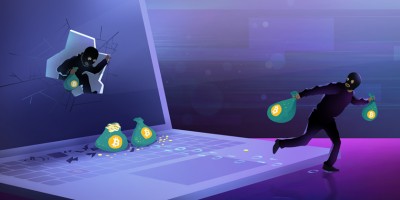 Two masked robbers grab bags of money from a computer screen.