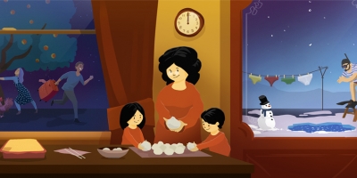 A collage of illustrations showing New Years traditions. 