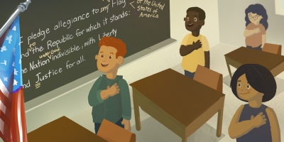 Illustration of children with their right hands on their hearts looking at an American flag.