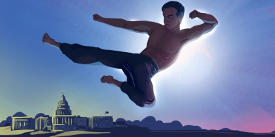 Illustration of a silhouette of a person doing a Taekwondo move over the U.S. Capitol.