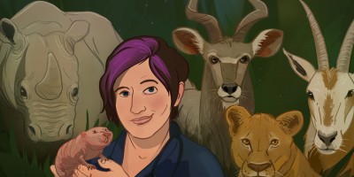 Illustration of Kali Holder with purple hair surrounded by profiles of animals.